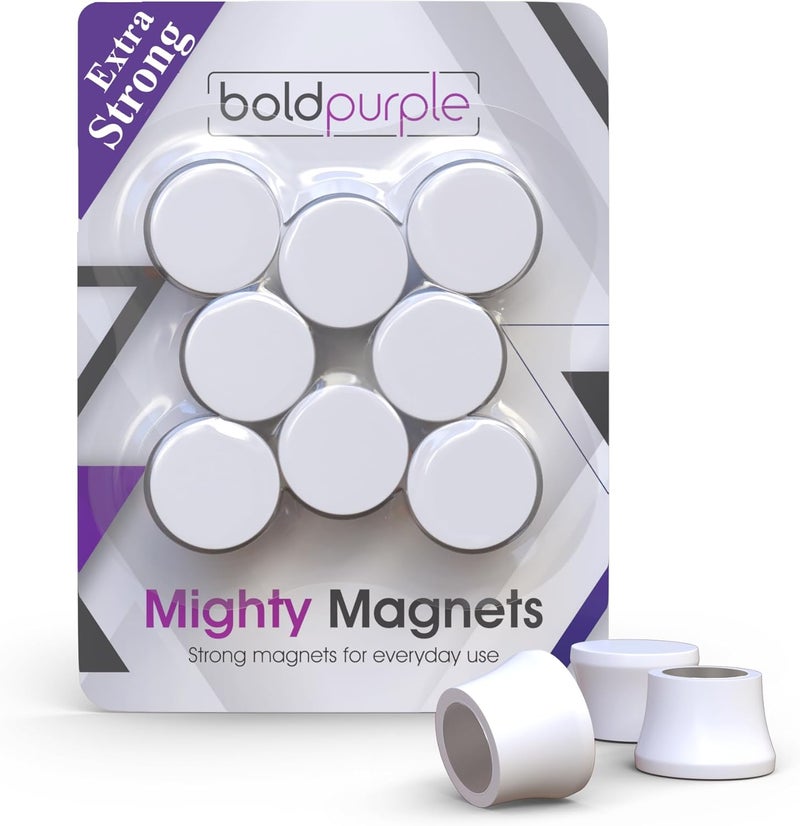 boldpurple Strong Magnets for Whiteboard, Glassboard and Fridge (White, 8 Pack, Small). N54 Neodymium Rare Earth Heavy Duty Magnets for Home and Office Supplies. - Image 1